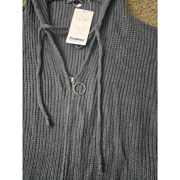 Knit Hoodie Zipper Open Front Cardigan Ripped Long Sleeve Distressed Sweater Hoo - Picture 10 of 10